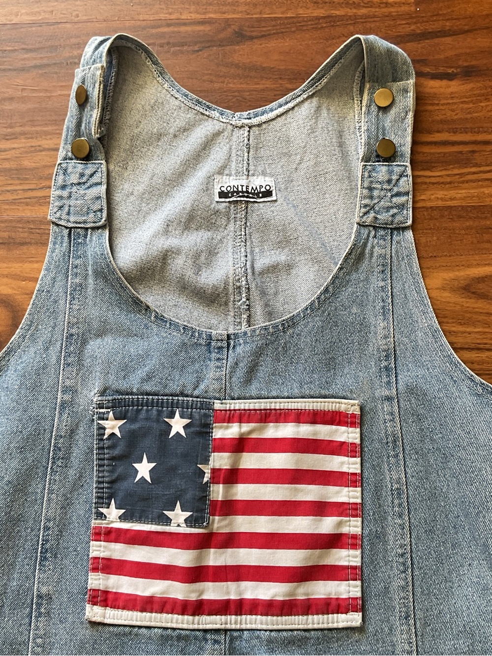 Vintage 90s Contempo Casuals Denim Overalls M American Flag Stars Stripes - Picture 6 of 11